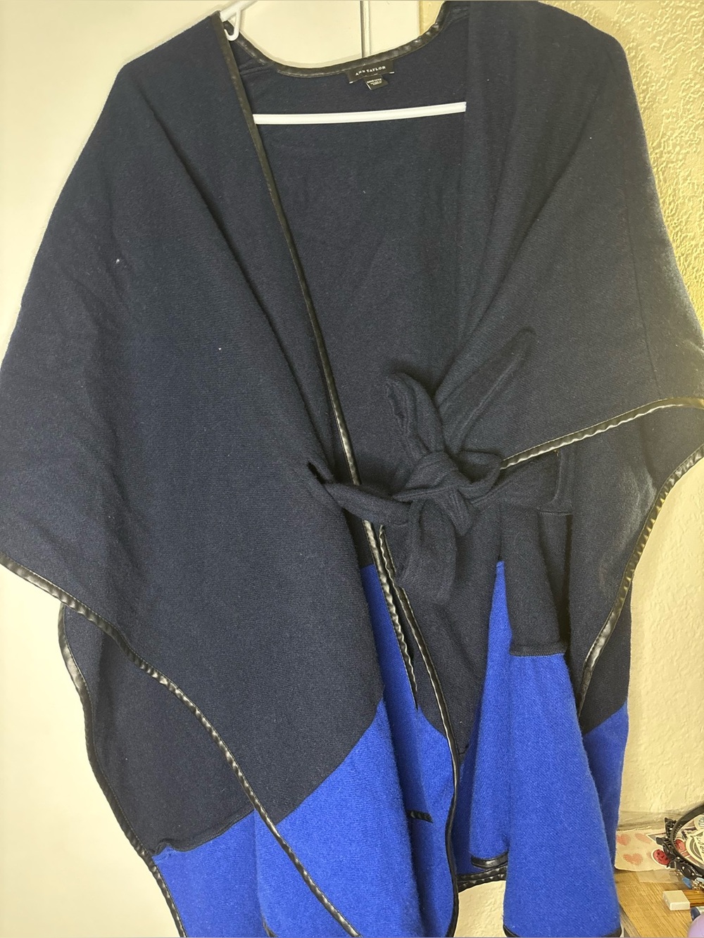 Ann Taylor Navy Wrap Cape with Black Trim